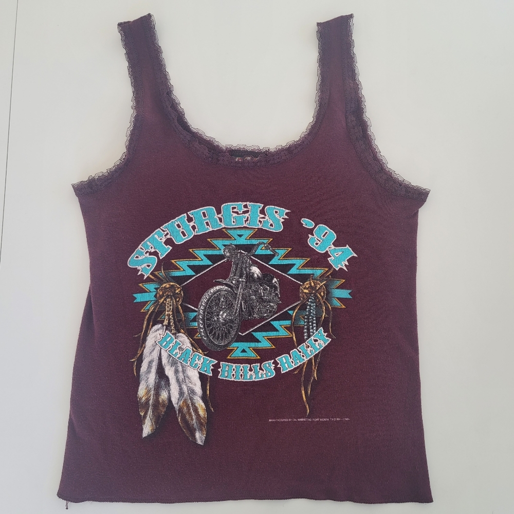 Vintage 3D Emblem Sturgis Lace Trim Tank Top, Burgundy Small